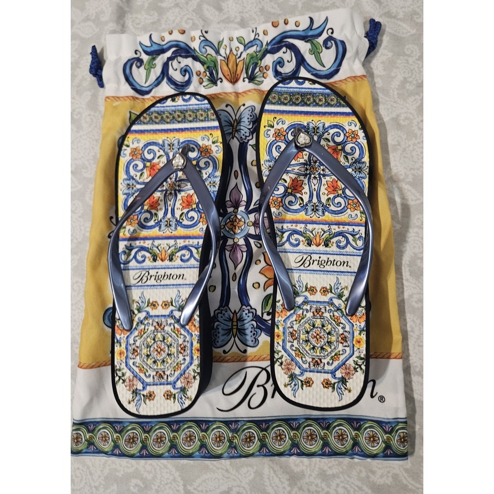 Brighton Museum Navy Blue Italian Tile Wedge Flip Flops Sandals with Pouch